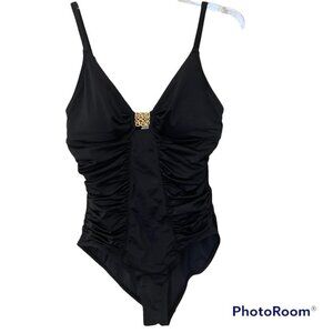 Tropical Escape One Piece Black Swimsuit Gold Brooch Ruched Slimmer Size 10